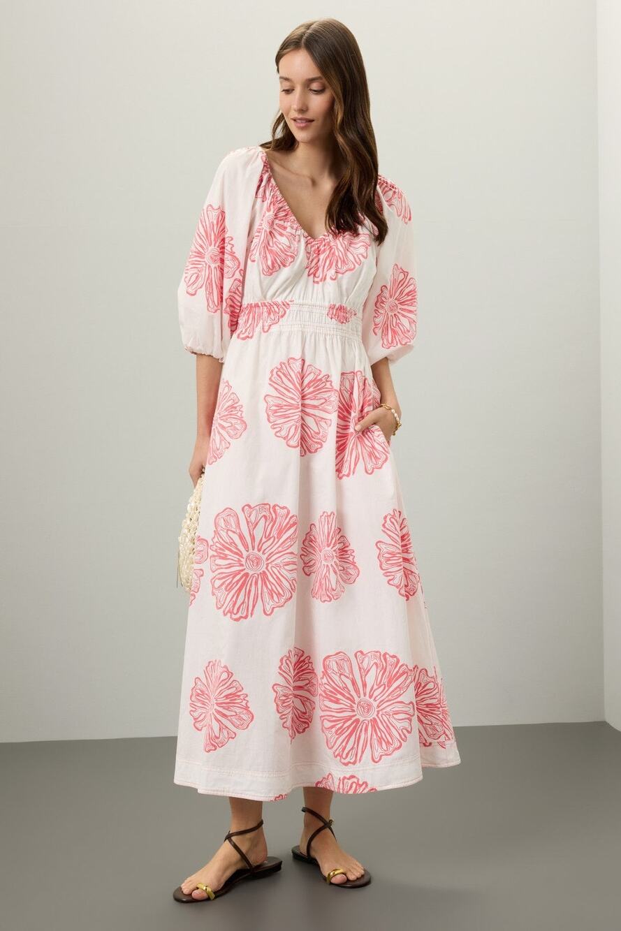 MARIE OLIVER Pink Floral 100% Cotton Ava V-Neck 3/4 Sleeve Maxi Dress Size M